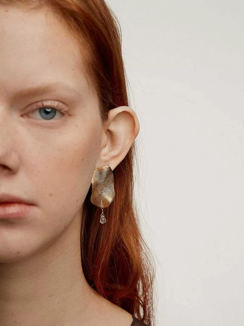 Aristocrazy Pendientes De Plata-Pendientes Ondulados Grandes De Plata 925 Banada En Oro Amarillo De 18K Con Topacio Blanco