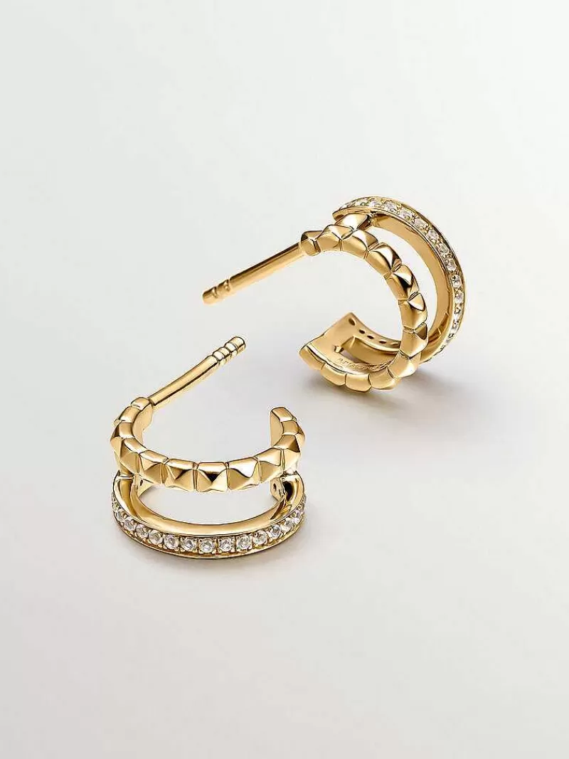 Aristocrazy Pendientes De Aro-Pendientes Pequenos De Aro Doble De Plata 925 Banada En Oro Amarillo De 18K Con Relieve Y Topacios Blancos