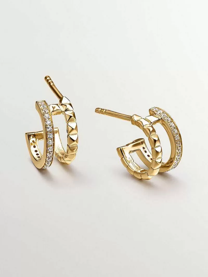 Aristocrazy Pendientes De Aro-Pendientes Pequenos De Aro Doble De Plata 925 Banada En Oro Amarillo De 18K Con Relieve Y Topacios Blancos