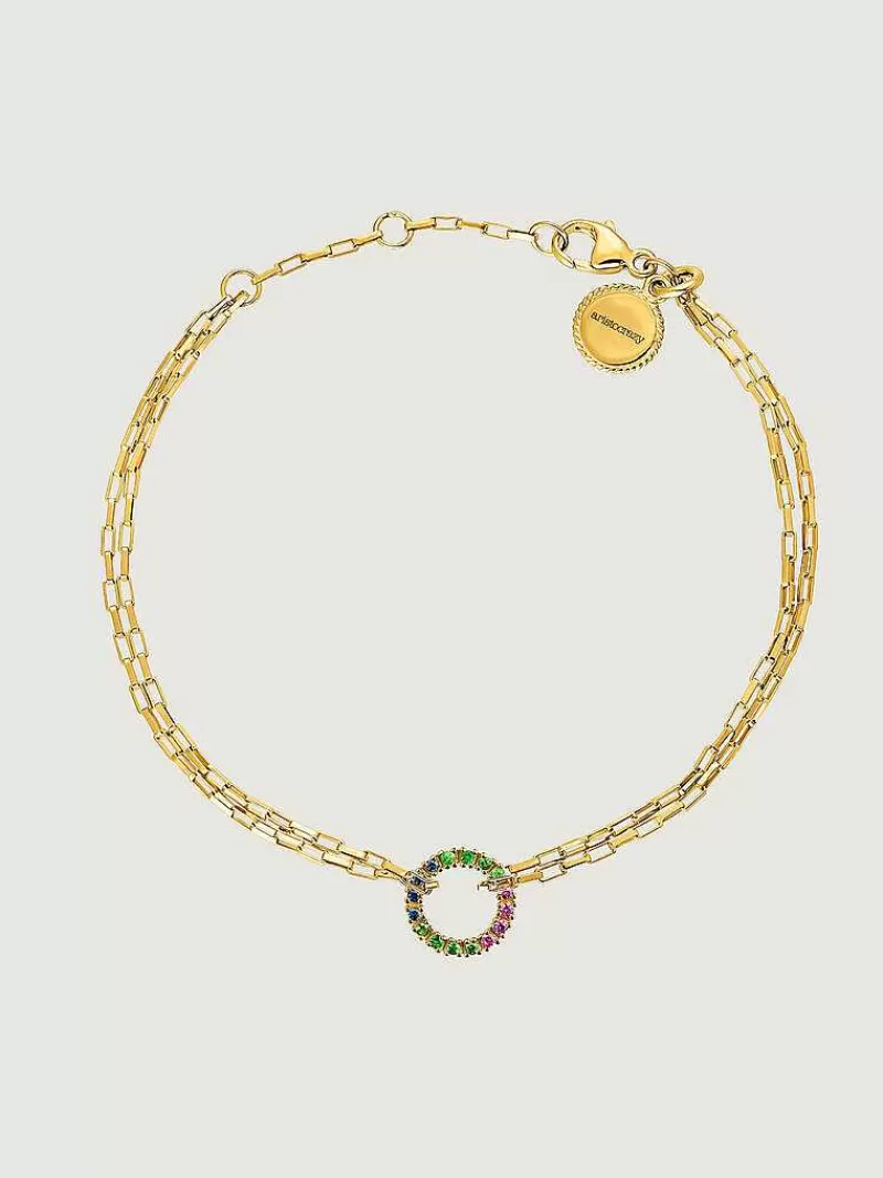 Aristocrazy Pulseras De Plata-Pulsera De Eslabones Forza De Plata 925 Banada En Oro Amarillo De 18K Con Aro De Piedras Multicolor