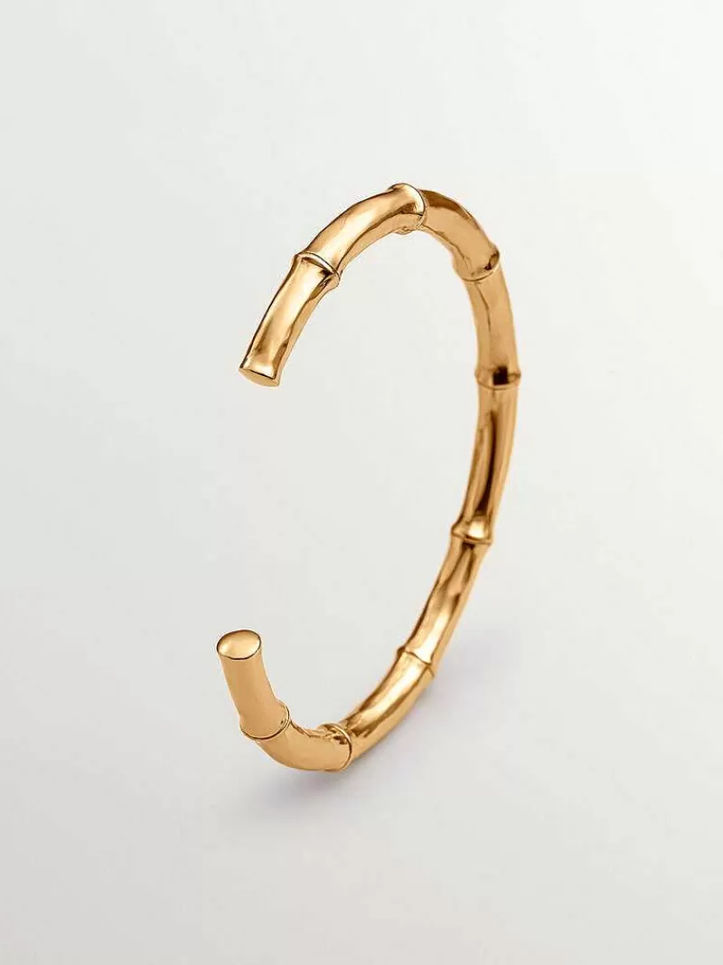 Aristocrazy Brazaletes Y Pulseras Rígidas-Pulsera Tipo Brazalete De Plata 925 Banada En Oro Amarillo De 18K Con Textura De Bambu